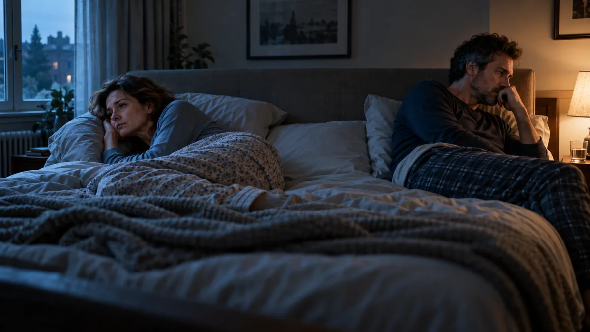 Coppia a letto vicina ma distante, ognuno chiuso nei suoi pensieri