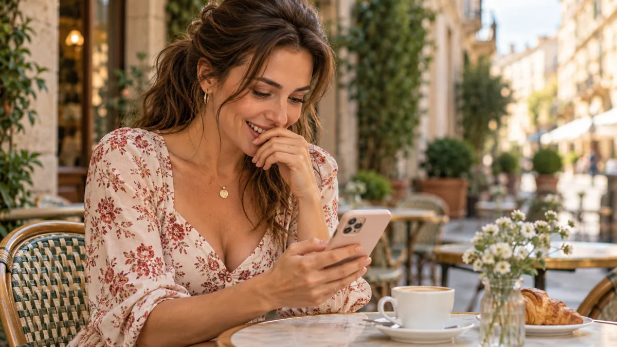 Donna che sorride leggendo un messaggio sul telefono
