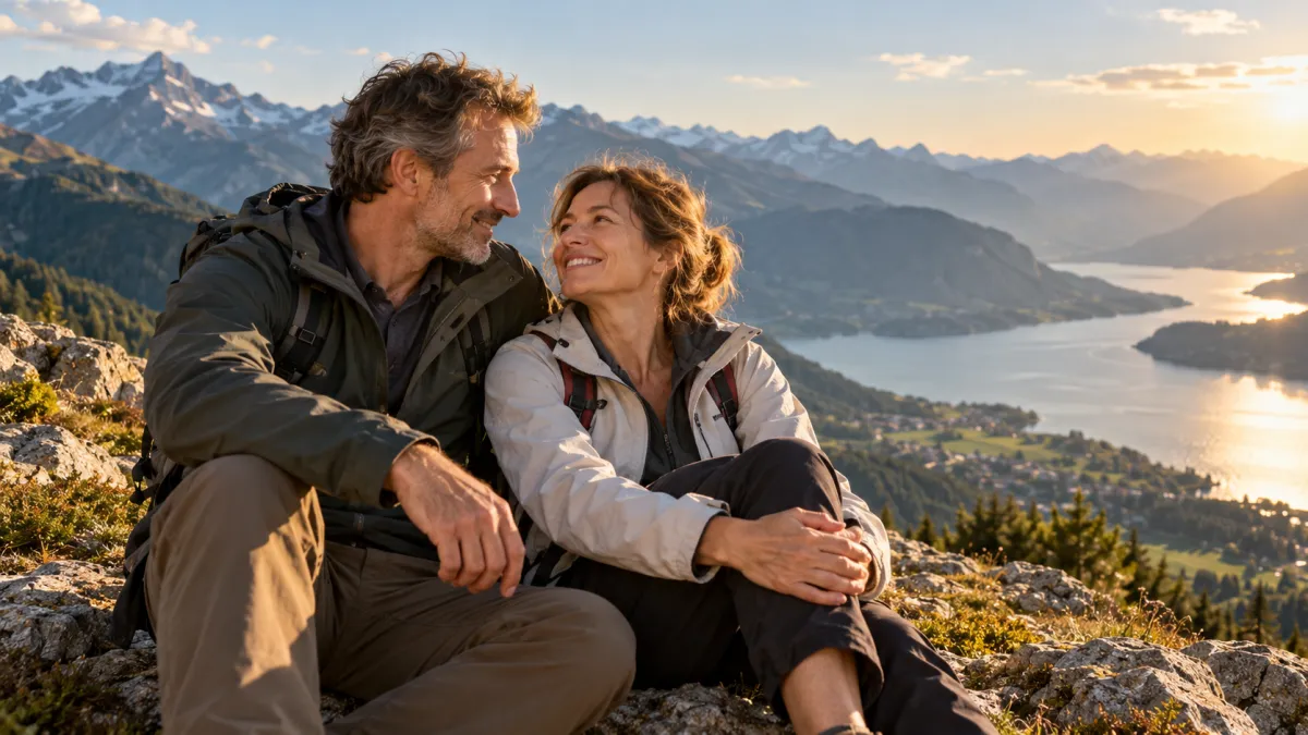 Uomo e donna seduti all'aperto che parlano sorridendo