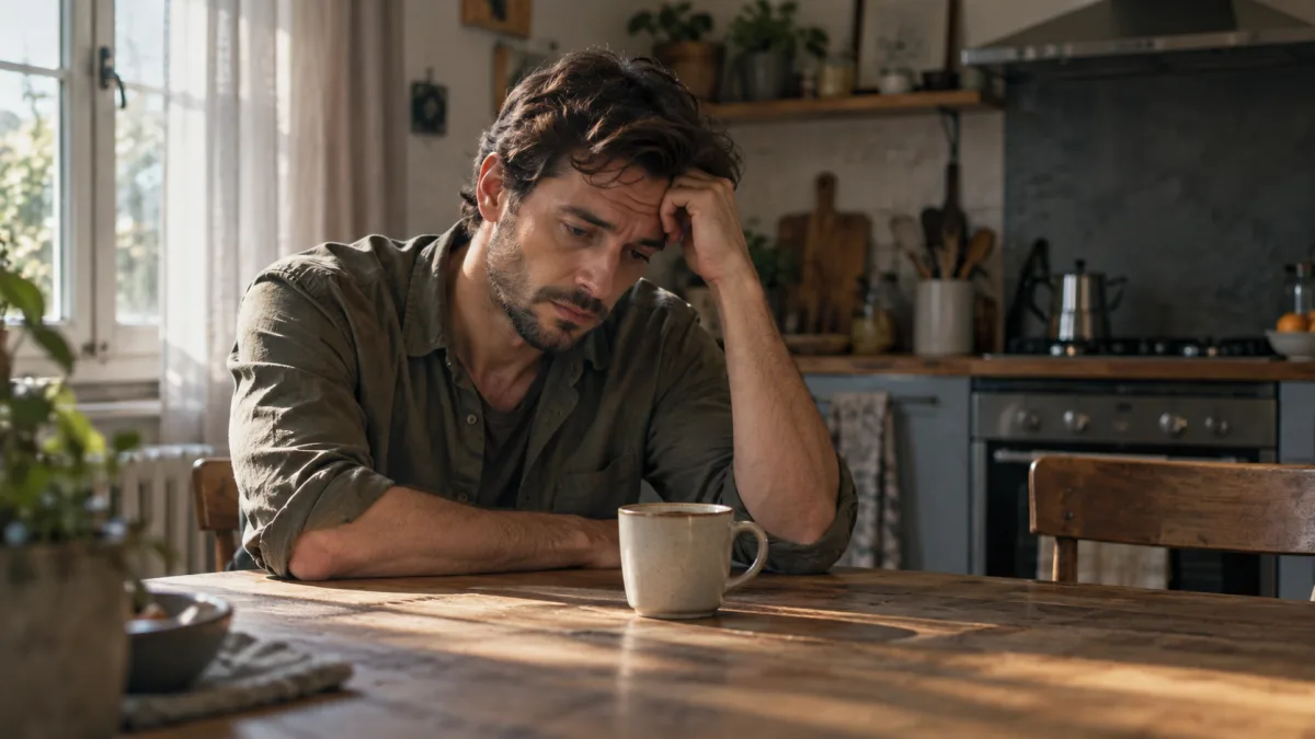 Uomo pensieroso al tavolo della cucina che si chiede perché lei si allontana