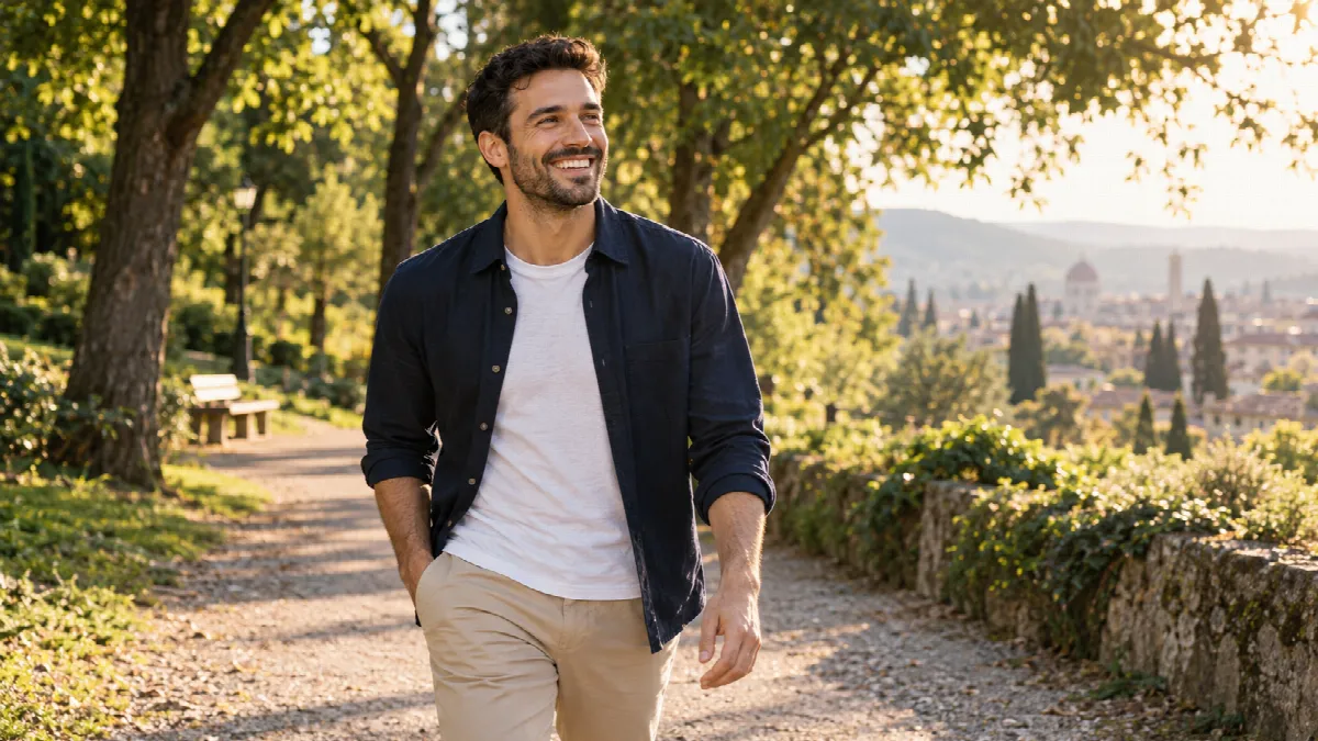 Uomo sereno che sorride e sta bene con sé stesso